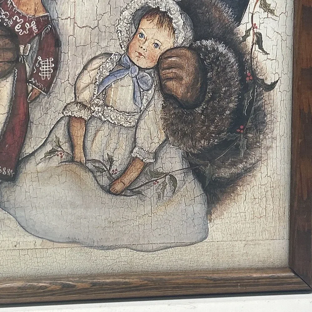 Vintage Norma Schneeman Folk Art Print Framed & Under Glass 1987 Santa Christmas
